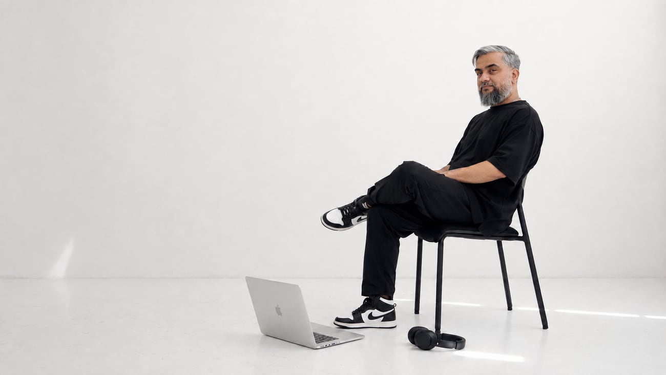 Roberto Suárez sentado de perfil en una silla, a la derecha de una sala de estudio blanca, con un portátil abierto y unos auriculares en el suelo