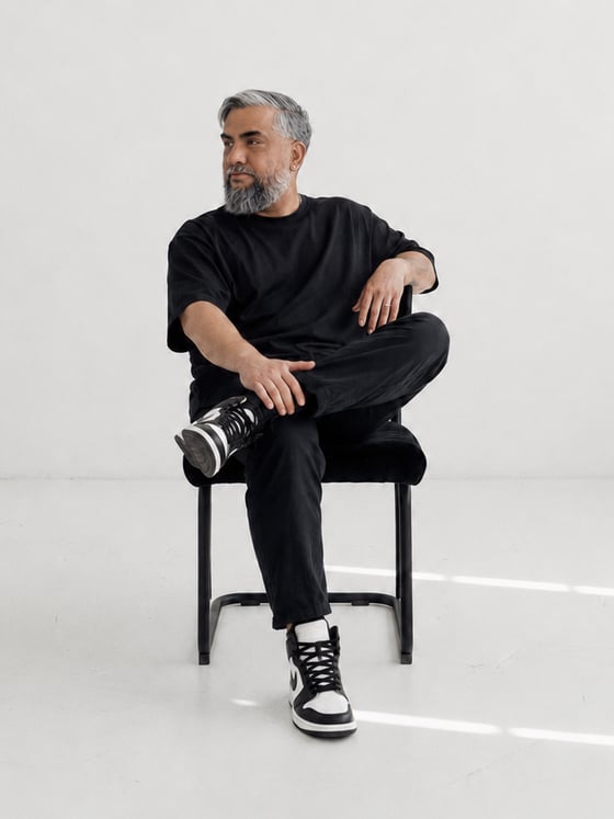 Roberto Suárez sentado en una silla en un estudio blanco, con una pierna cruzada
